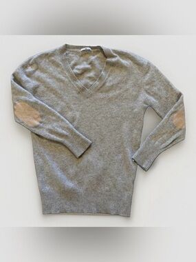 Minnie Rose Sweater 100% Cashmere V Neck Gray With Tan Elbow Patches Preppy Sz M